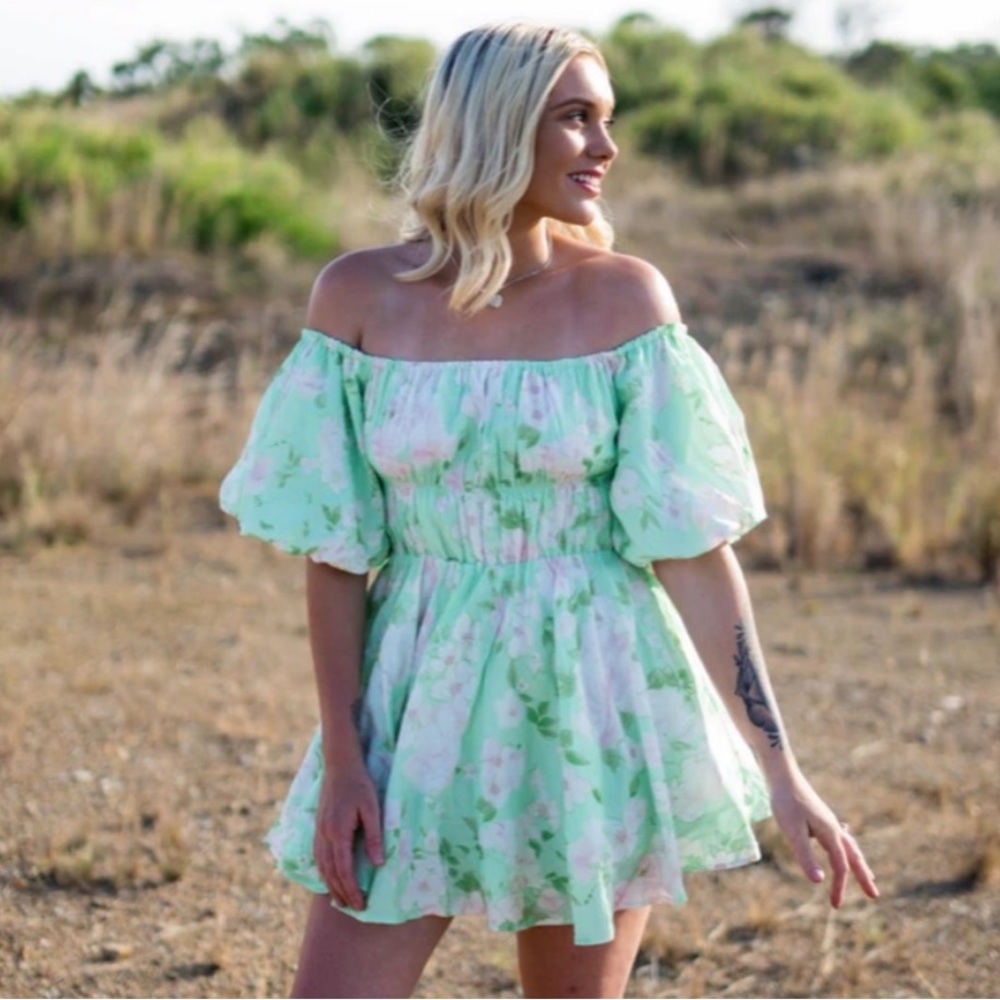 Hello Molly Mint Floral Off-Shoulder Mini Dress